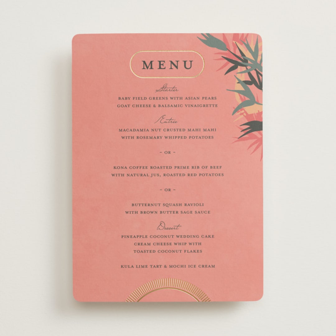 "Birds of Paradise" - Foil-Pressed Menus in Coral by Julie Hebert - Front
