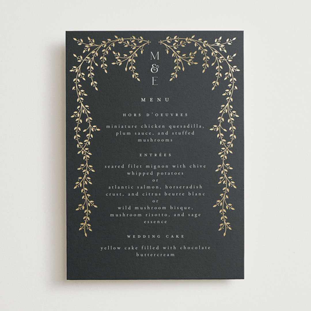 "Beautiful Chuppah" - Foil-Pressed Menus in Midnight by Ana de Sousa - Front