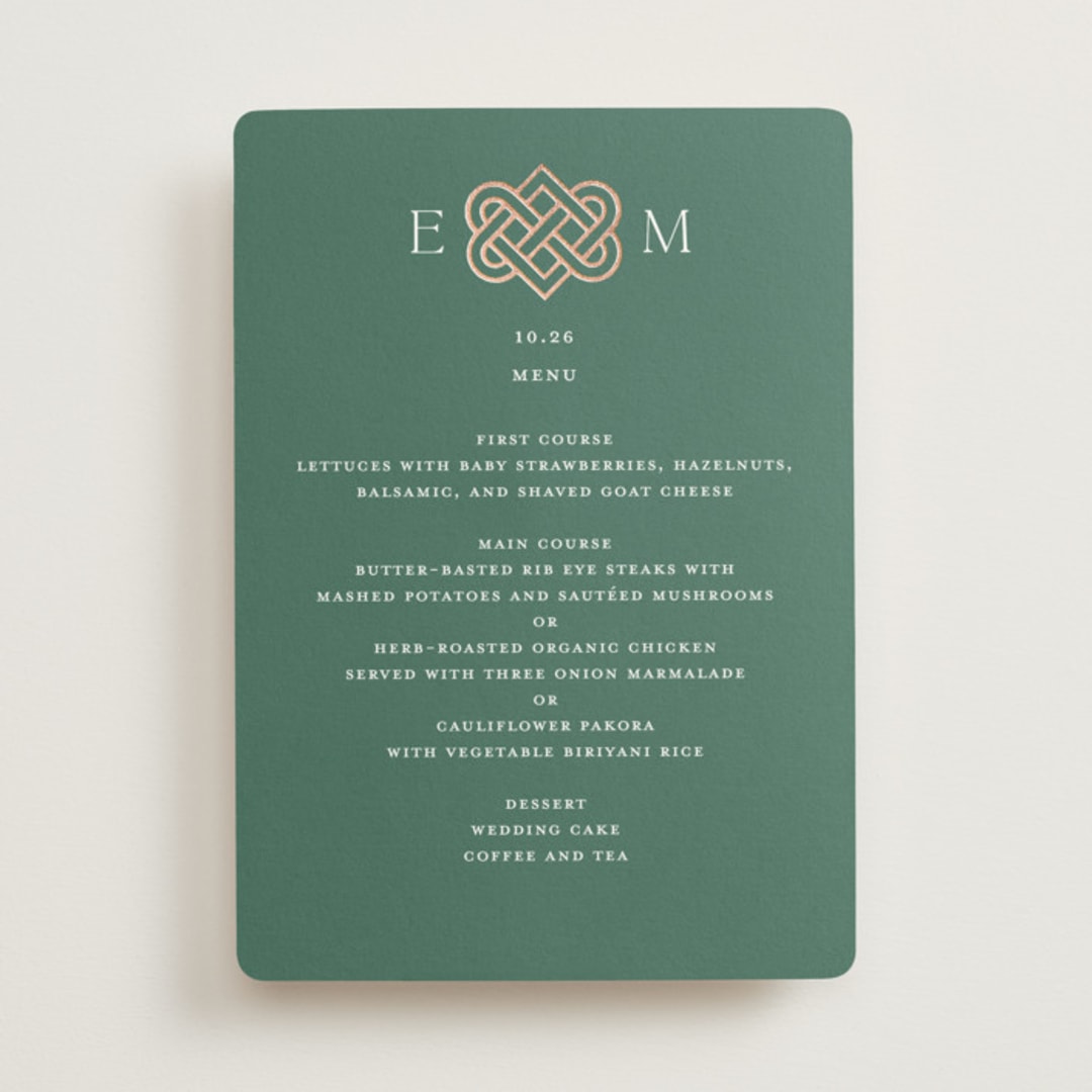 "Celtic Love Knot" - Foil-Pressed Menus in Clover by Kerry Doyle - Front