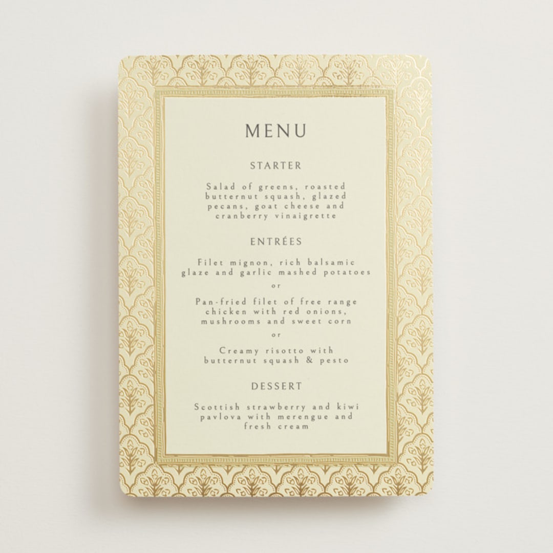 "Aatreya" - Foil-Pressed Menus in Marigold by Pati Cascino - Front