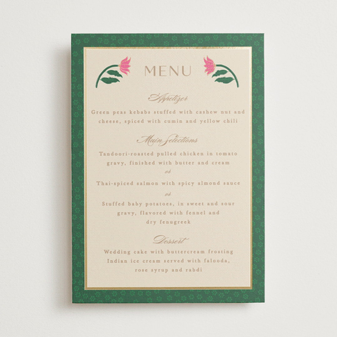 "Indian garden" - Foil-Pressed Menus in Pistachio by Creo Study - Front