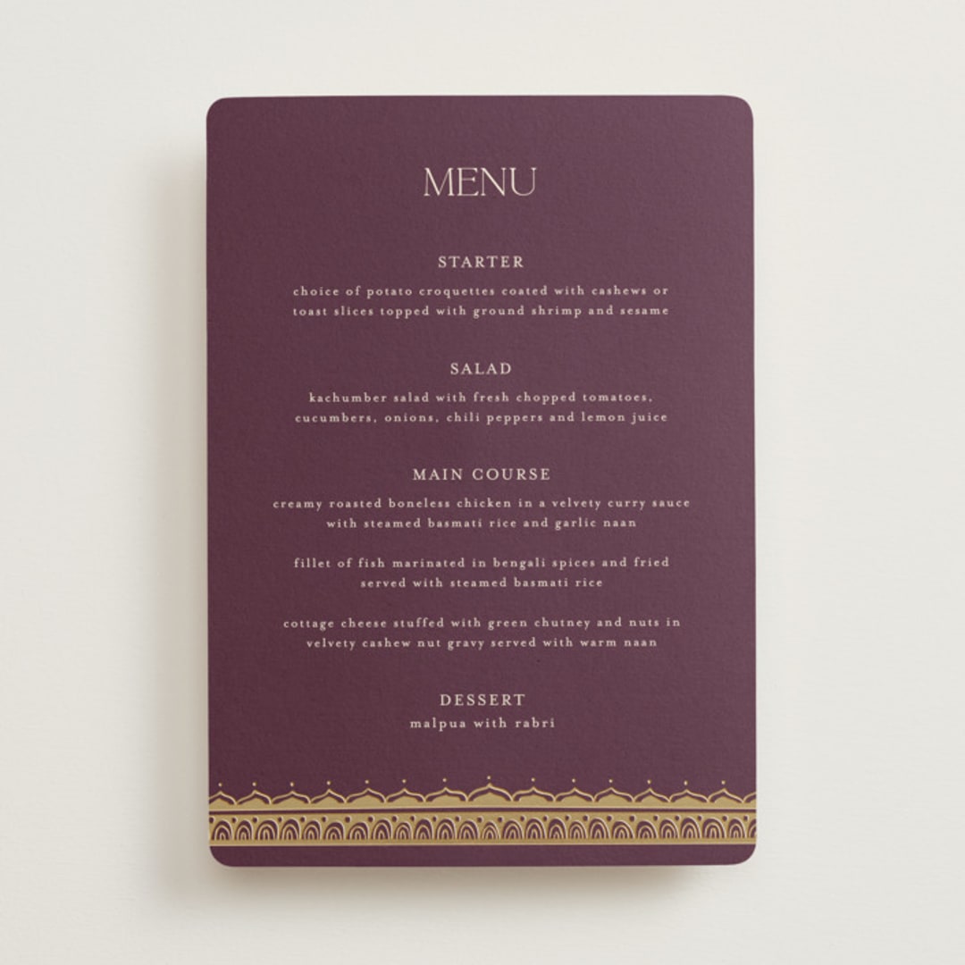 "Arunima" - Foil-Pressed Menus in Plum by Randi Cirelli - Front