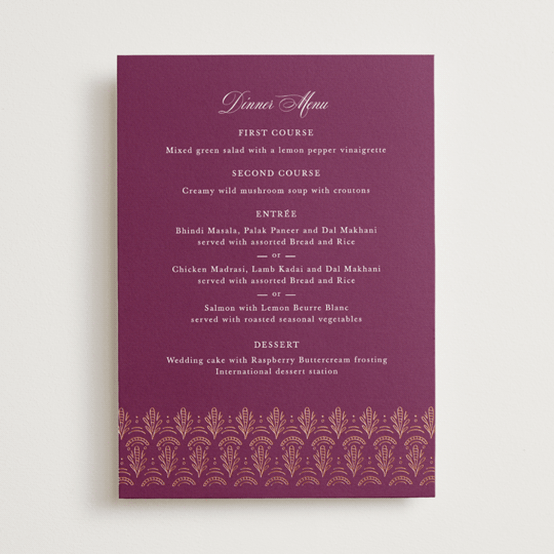 "Zardozi" - Foil-Pressed Menus in Amethyst by Mansi Verma - Front
