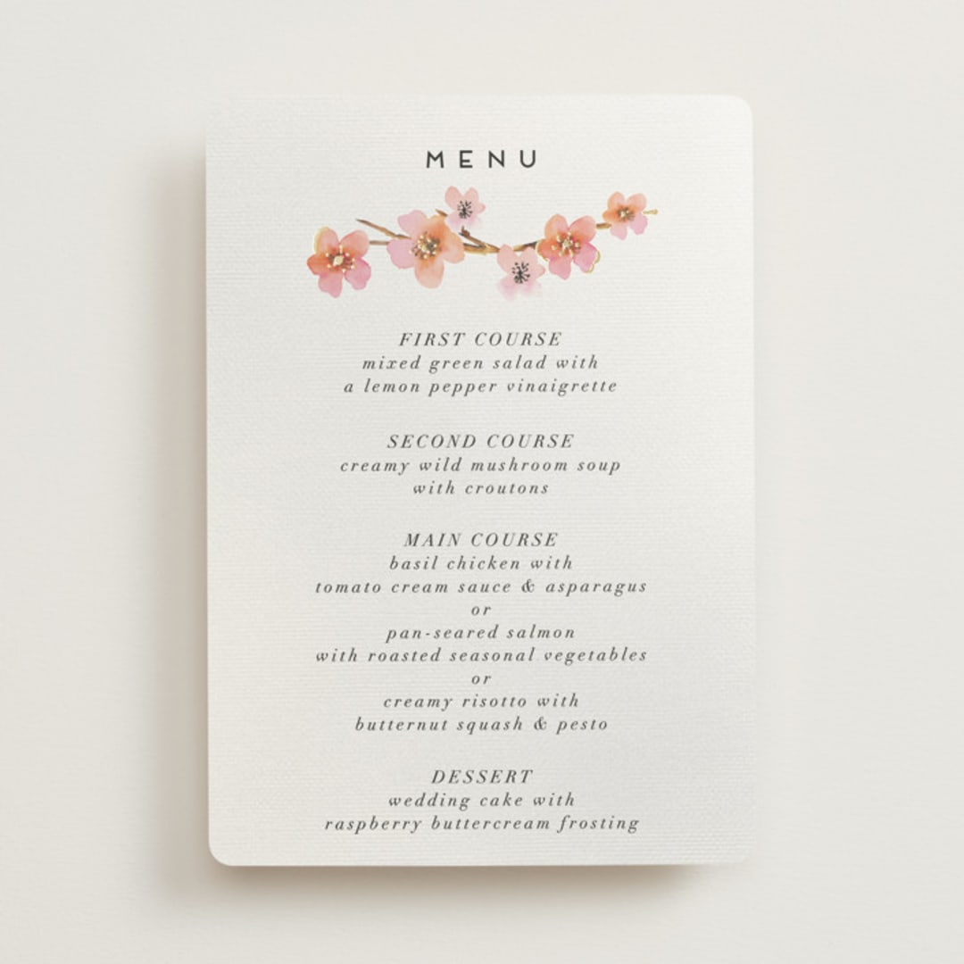 "Love Blossom" - Foil-Pressed Menus in Blush by Petra Kern - Front