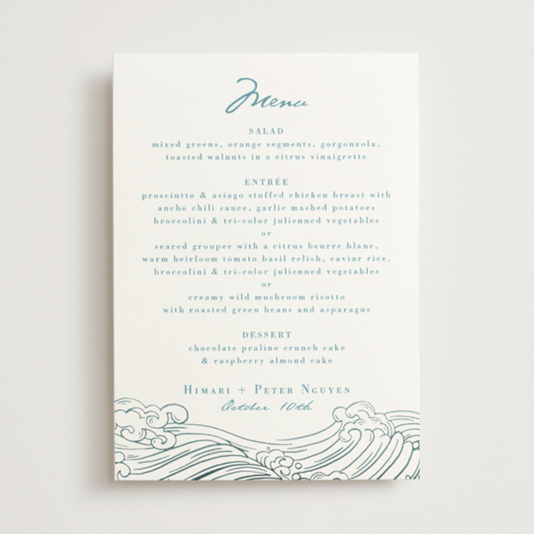 "waves" - Foil-Pressed Menus in Aqua by Jessie Steury - Front