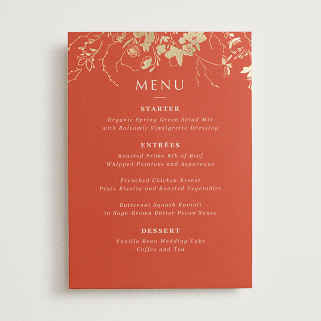 "Abstract Flora" - Foil-Pressed Menus in Lava by Stellax Creative - Front