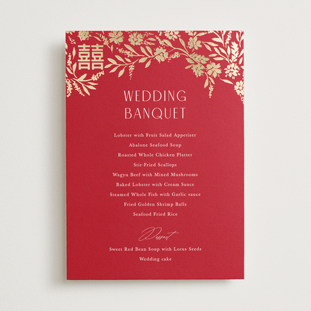 "Garden Vines" - Foil-Pressed Menus in Ruby by Yaling Hou Suzuki - Front
