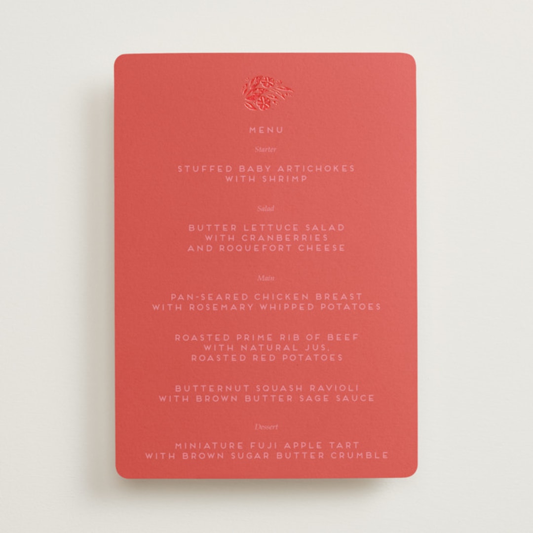 "Fiery" - Foil-Pressed Menus in Ruby by Ghia Designs - Front