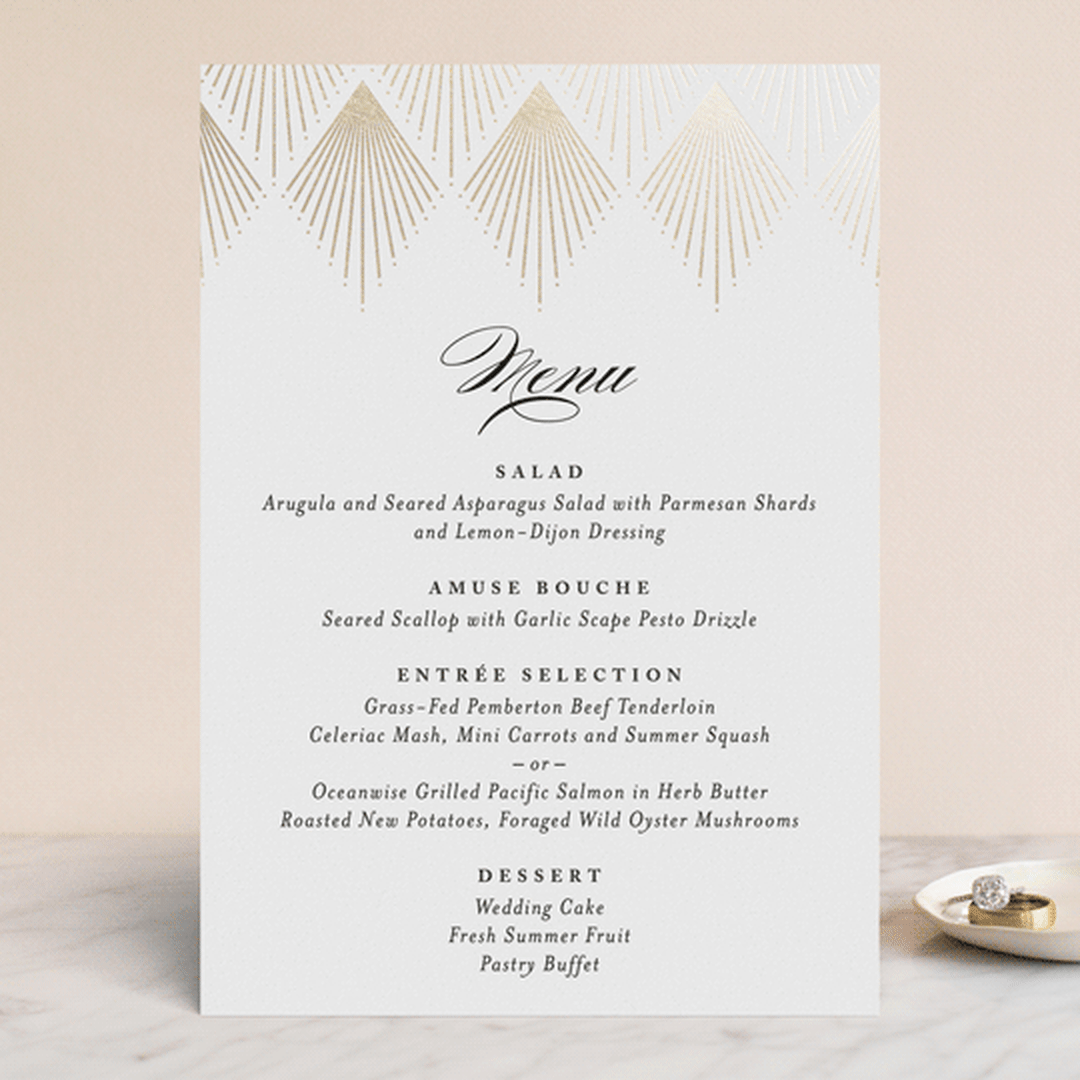 "Deco Fan Border" - Foil-Pressed Menus in Classic White by Kelly Schmidt - Front