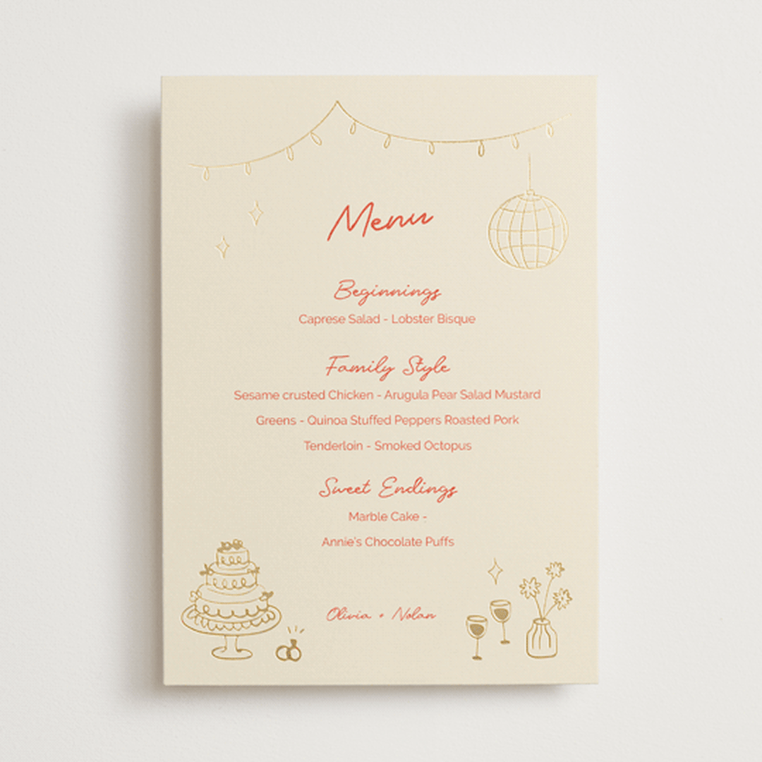 "Party On!" - Foil-Pressed Menus in Sangria Spark by Zove Ahhh - Front