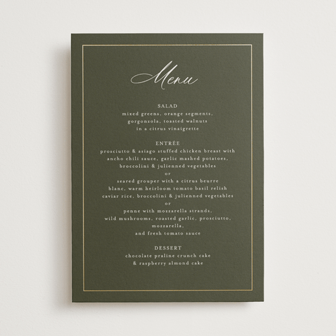 "refined" - Foil-Pressed Menus in Deep Olive by Nicole Walsh - Front