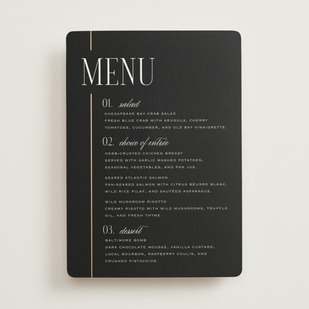 "Linear" - Foil-Pressed Menus in Silk by Laura Hankins - Front