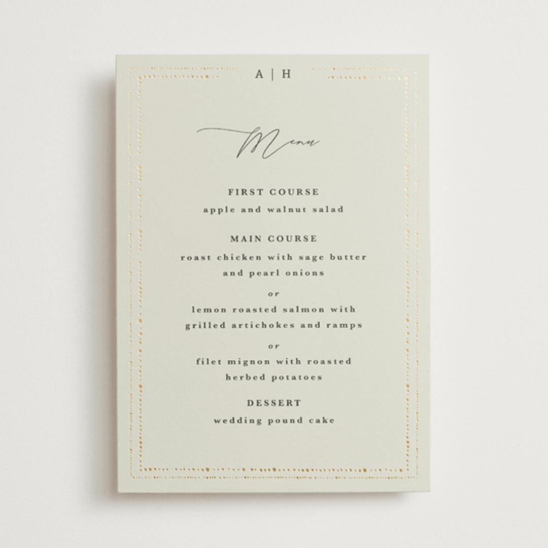 "Foil Botanical Frame" - Foil-Pressed Menus in Taupe by Hannah Williams - Front