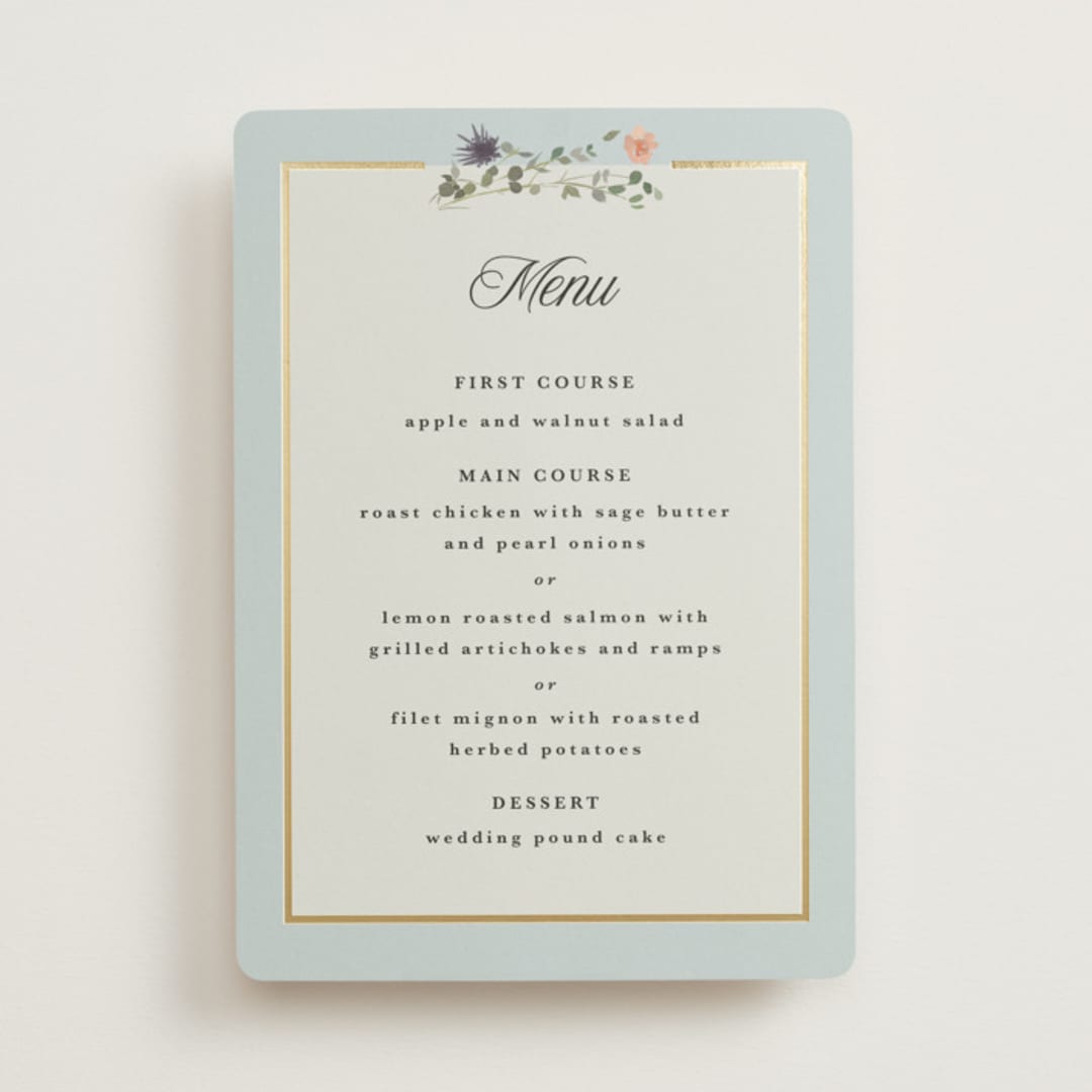 "Blue Garden" - Foil-Pressed Menus in Mist by Hannah Williams - Front
