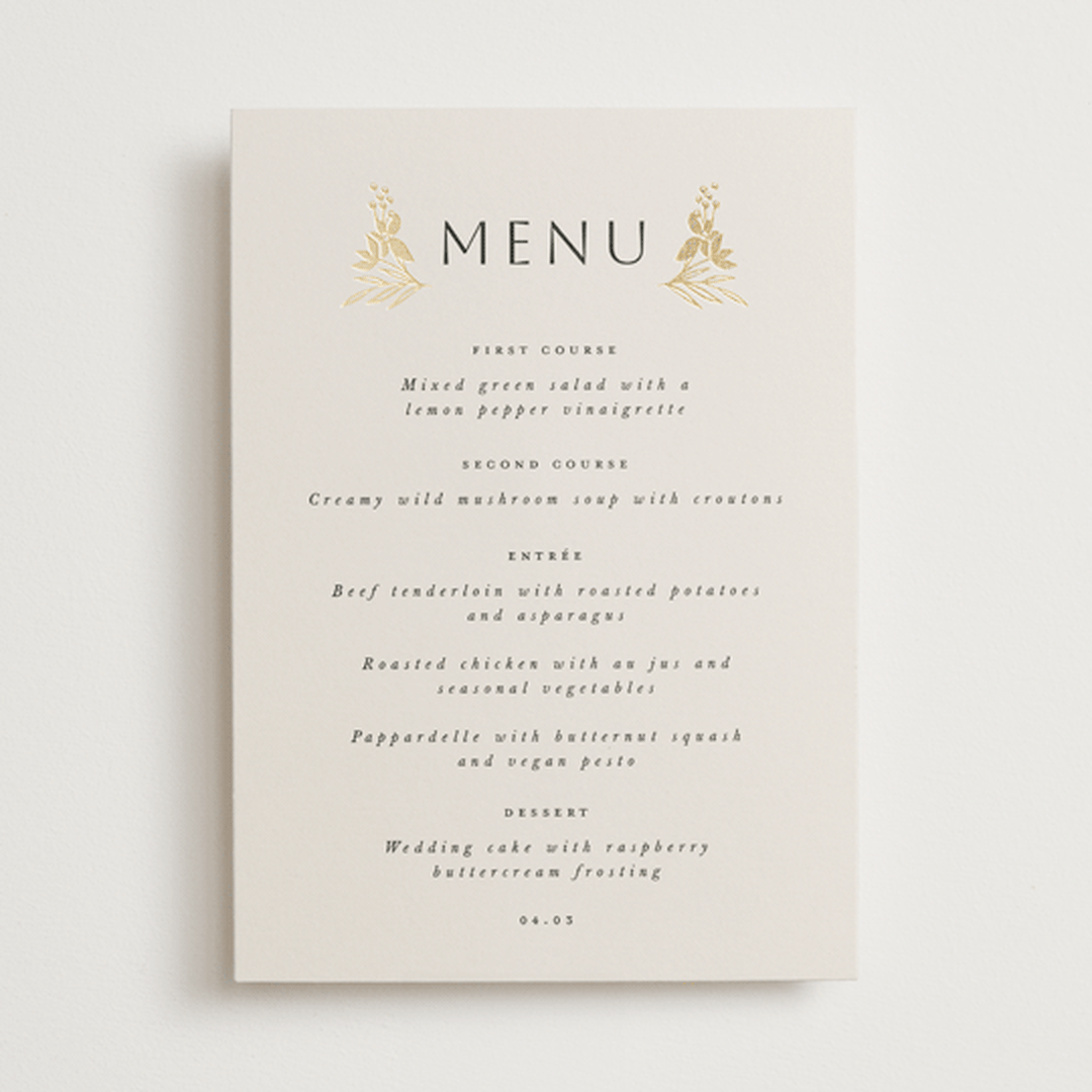 "Floral Border" - Foil-Pressed Menus in Champagne by Leah Bisch - Front
