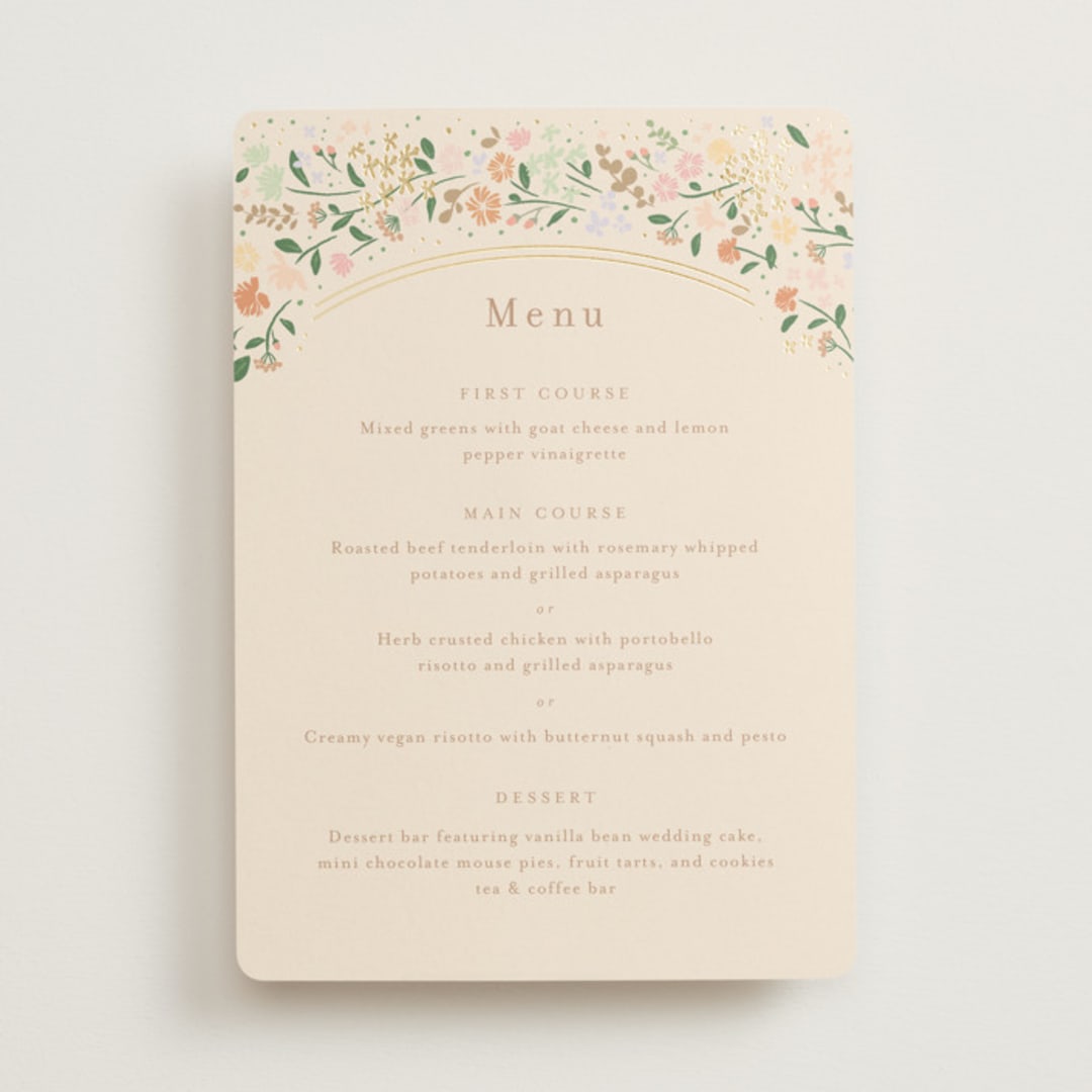 "Esther's garden" - Foil-Pressed Menus in Ivory by Jennifer Wick - Front