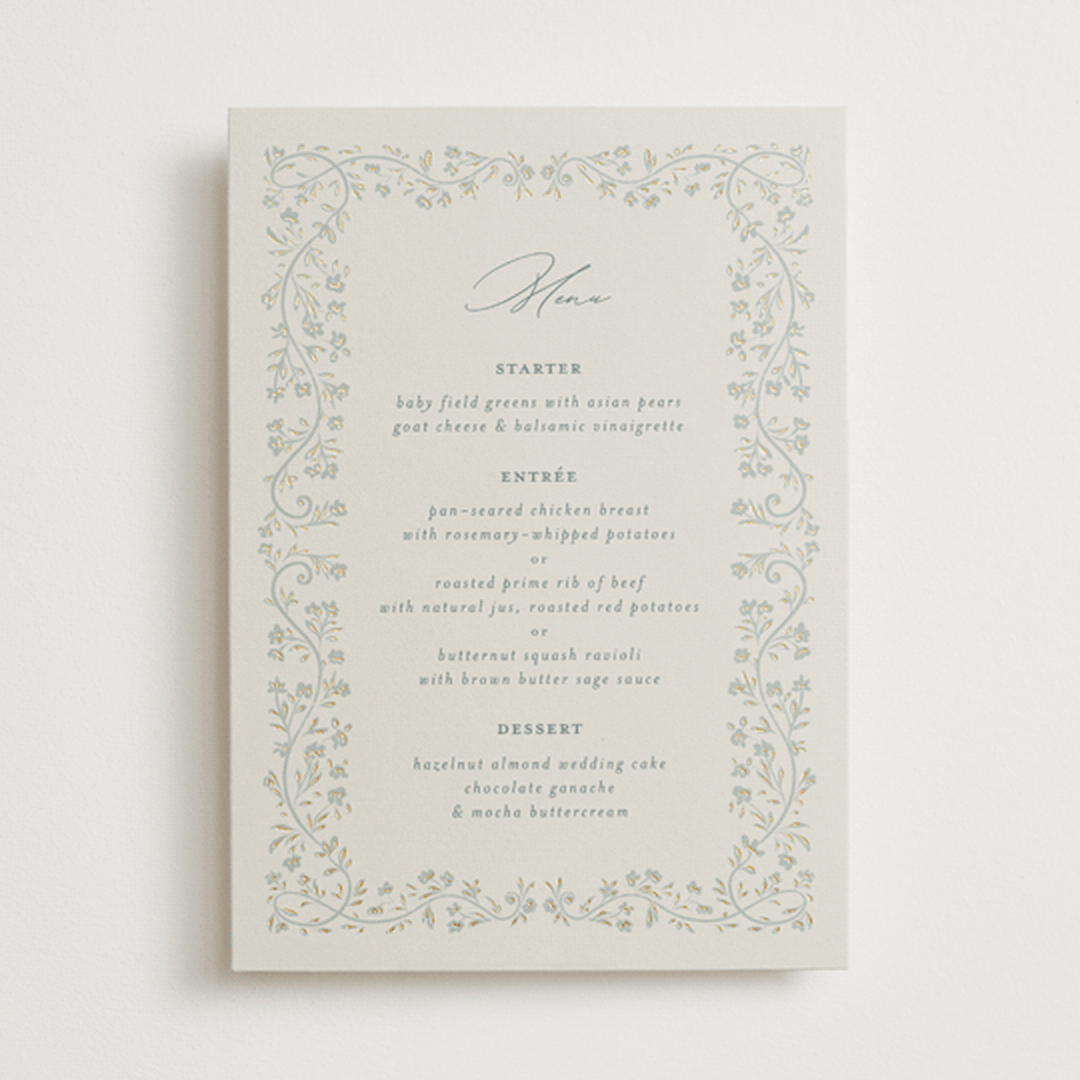 "Floral Romance" - Foil-Pressed Menus in Something Blue by Gwen Bedat - Front