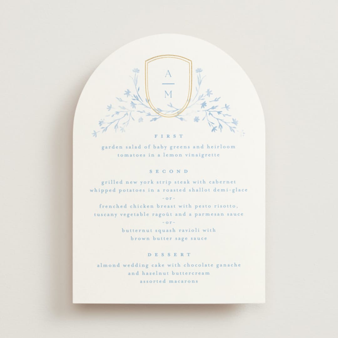 "storybook garden" - Foil-Pressed Menus in Bluebell by Kristie Kern - Front
