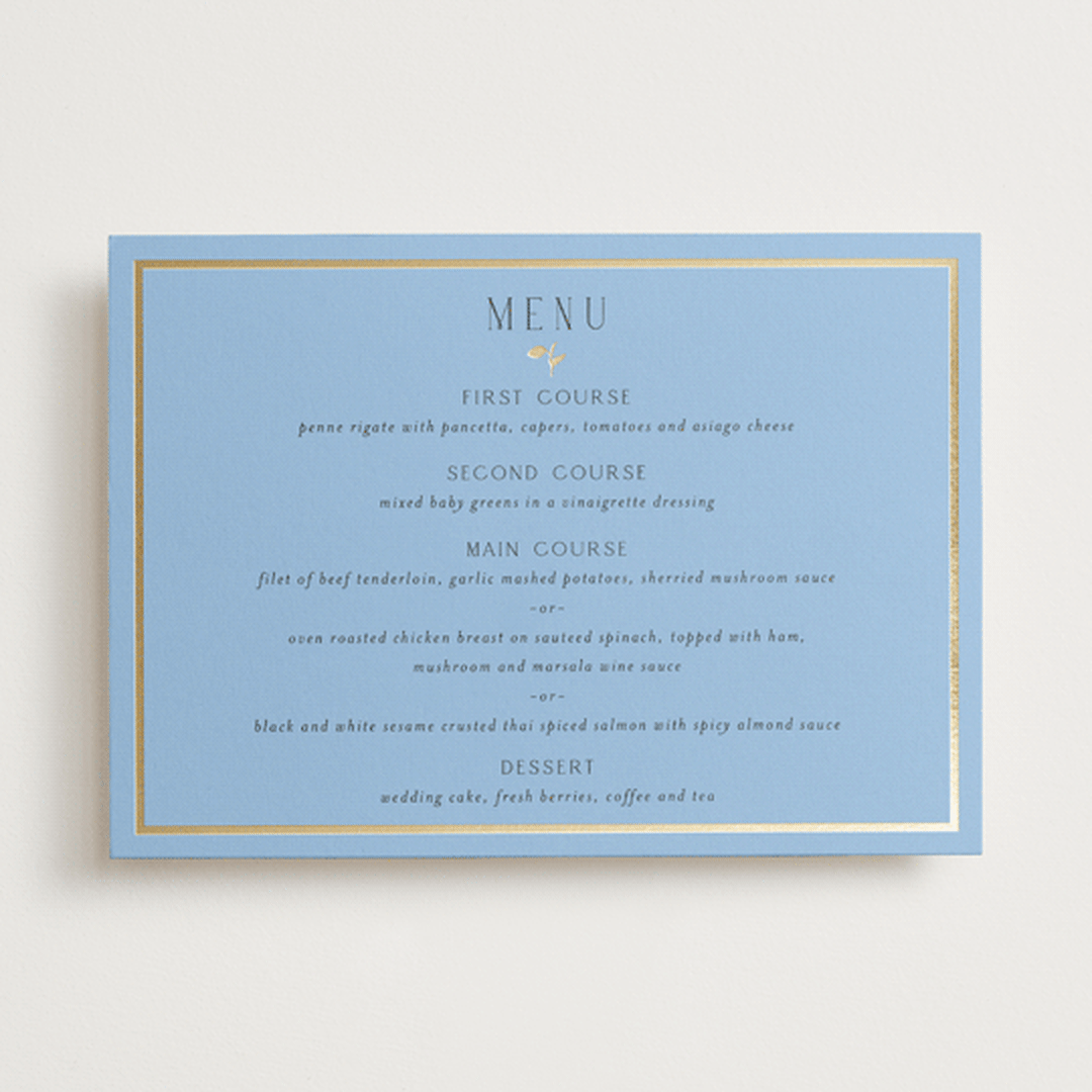 "Garden Whisper" - Foil-Pressed Menus in Coastal by Susan Moyal - Front