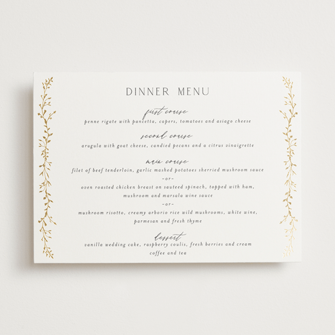 "Delicate Vine" - Foil-Pressed Menus in Alabaster by Susan Moyal - Front