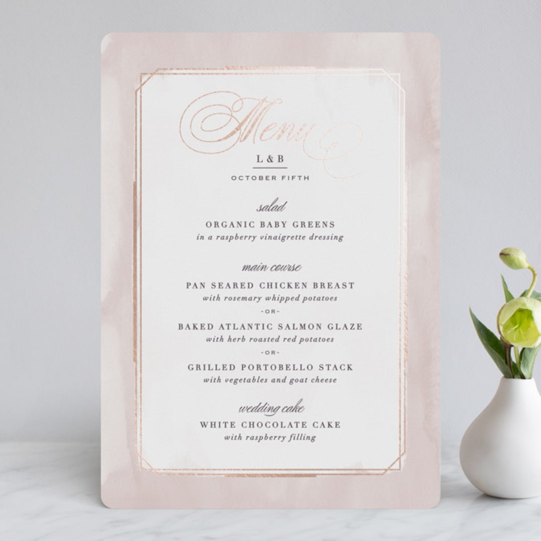 "Forever Elegant" - Foil-Pressed Menus in Mauve by Hooray Creative - Front