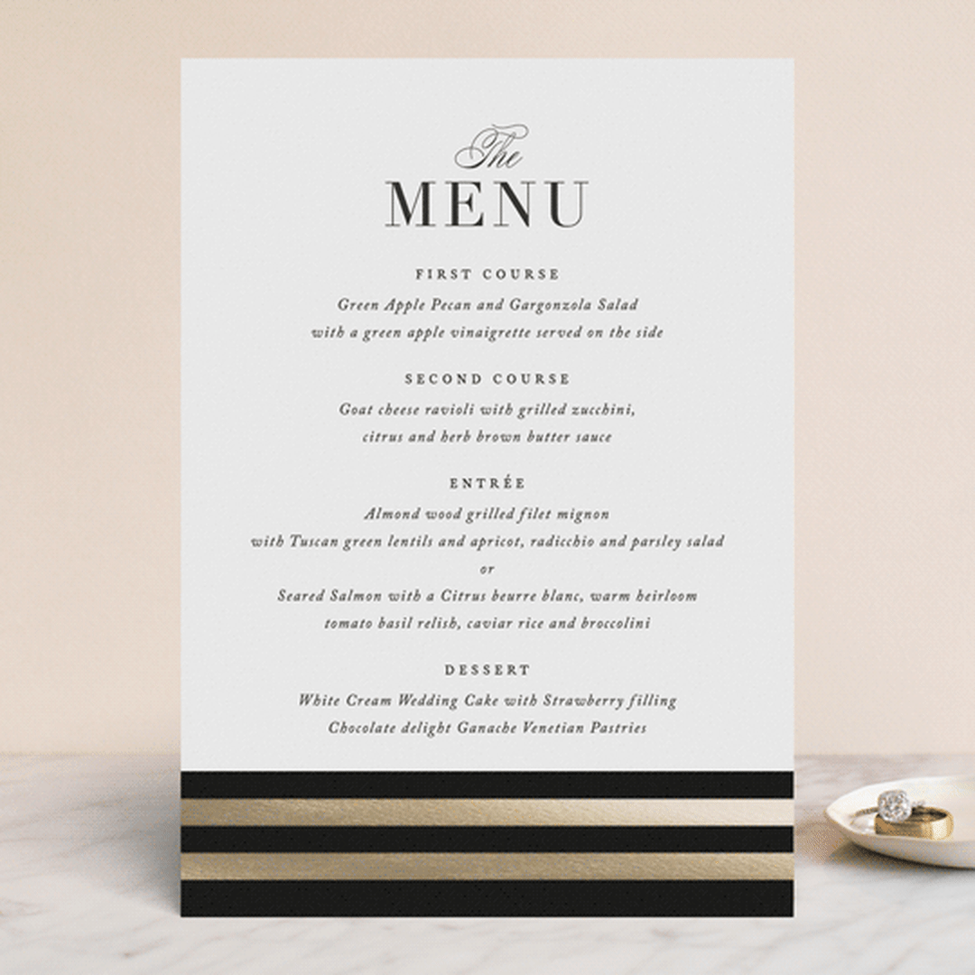 "Deluxe" - Foil-Pressed Menus in Tuxedo by Jennifer Postorino - Front