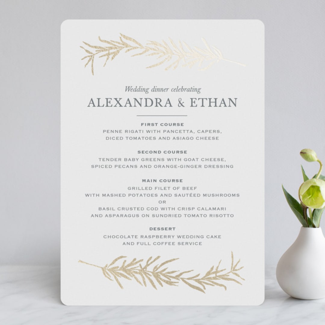 "Simple Sprigs" - Foil-Pressed Menus in Golden by Erin Deegan - Front