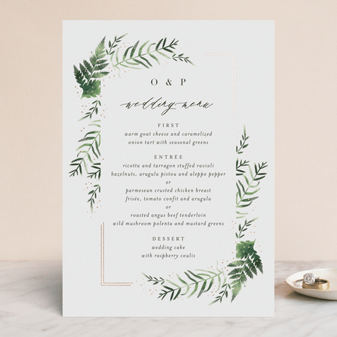 "Framed in Ferns" - Foil-Pressed Menus in Petal by Kristie Kern - Front