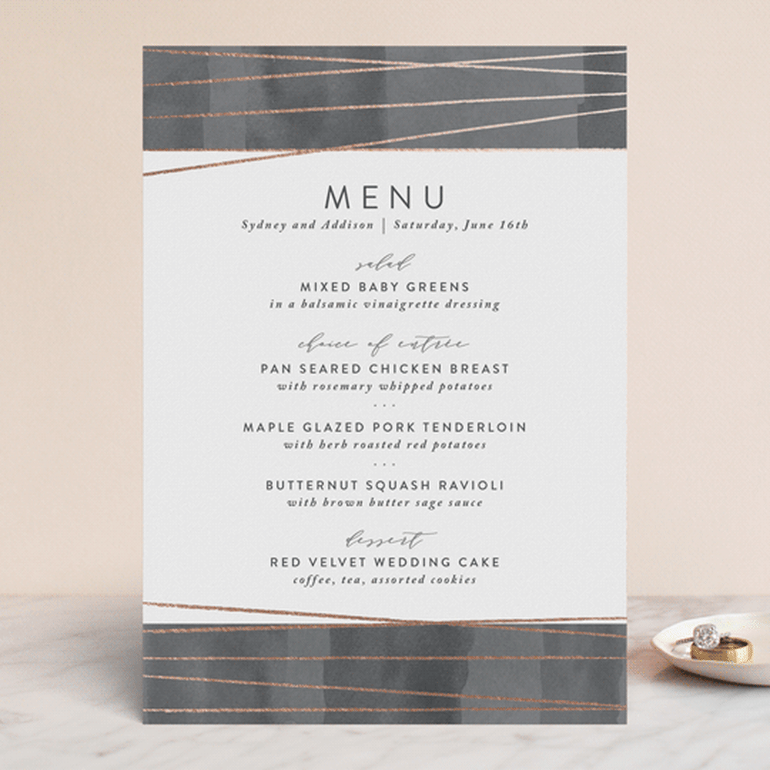 "Geo Chic" - Foil-Pressed Menus in Charcoal by Hooray Creative - Front