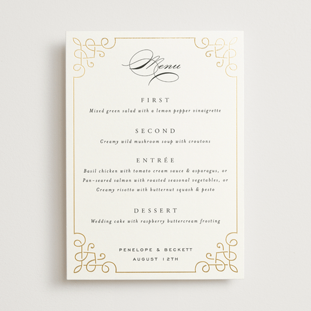 "Intertwined" - Foil-Pressed Menus in Pearl by Janean Hinger - Front