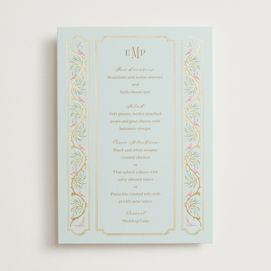 "Castle" - Foil-Pressed Menus in Hummingbird by Claudia Orengo - Front