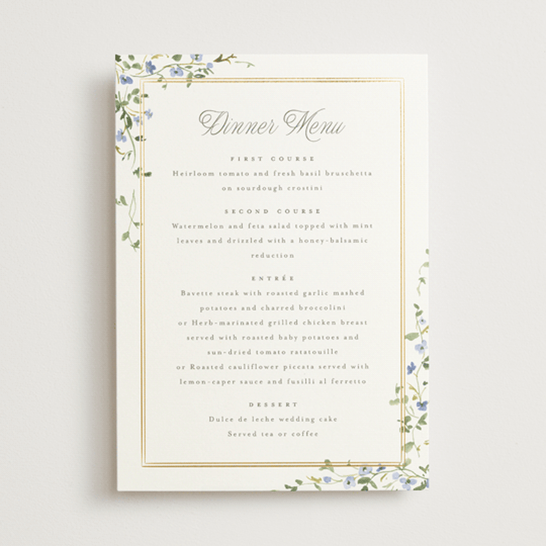 "Flowering Vine" - Foil-Pressed Menus in Bluebell by Everett Paper Goods - Front