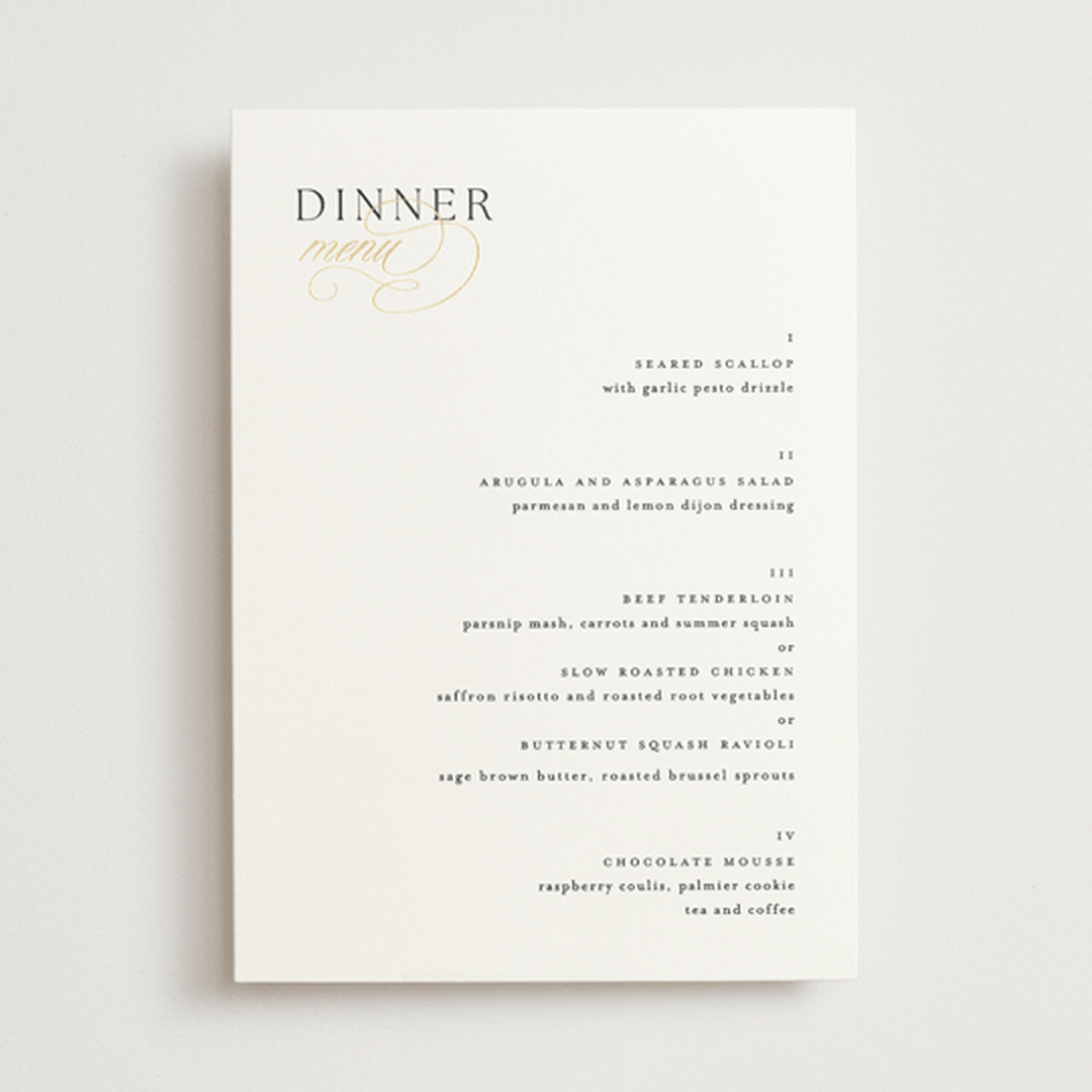 "Left Align" - Foil-Pressed Menus in Silk by Kelly Schmidt - Front