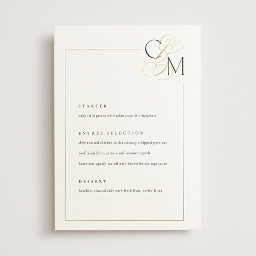 "Golden Ampersand" - Foil-Pressed Menus in Silk by Kelly Schmidt - Front