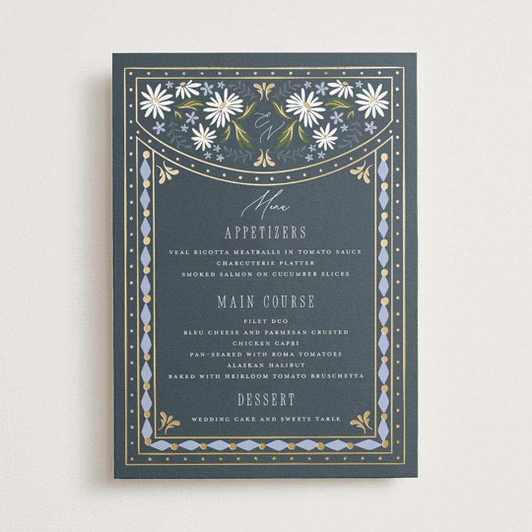 "Sadie" - Foil-Pressed Menus in Periwinkle by Erin German - Front