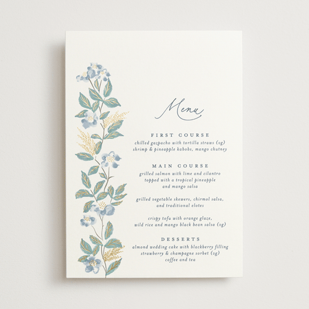 "Climbing Florals" - Foil-Pressed Menus in Sapphire by Olivia Raufman - Front