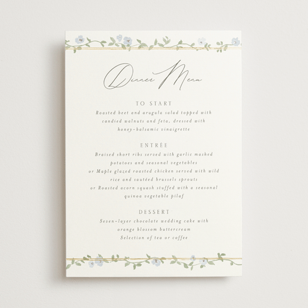 "Portico" - Foil-Pressed Menus in Blue Bell by Everett Paper Goods - Front