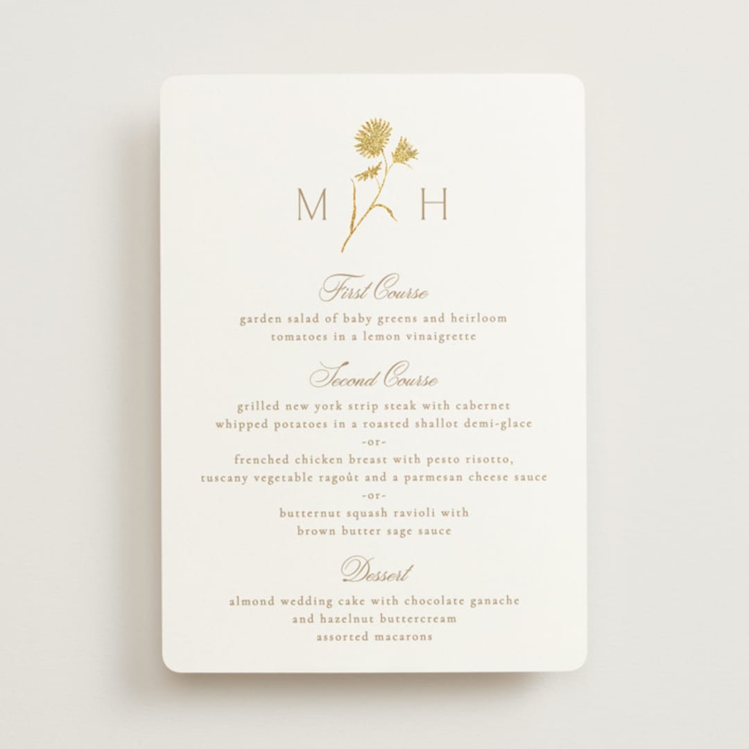 "The Romantic" - Foil-Pressed Menus in Buttercream by Kristie Kern - Front