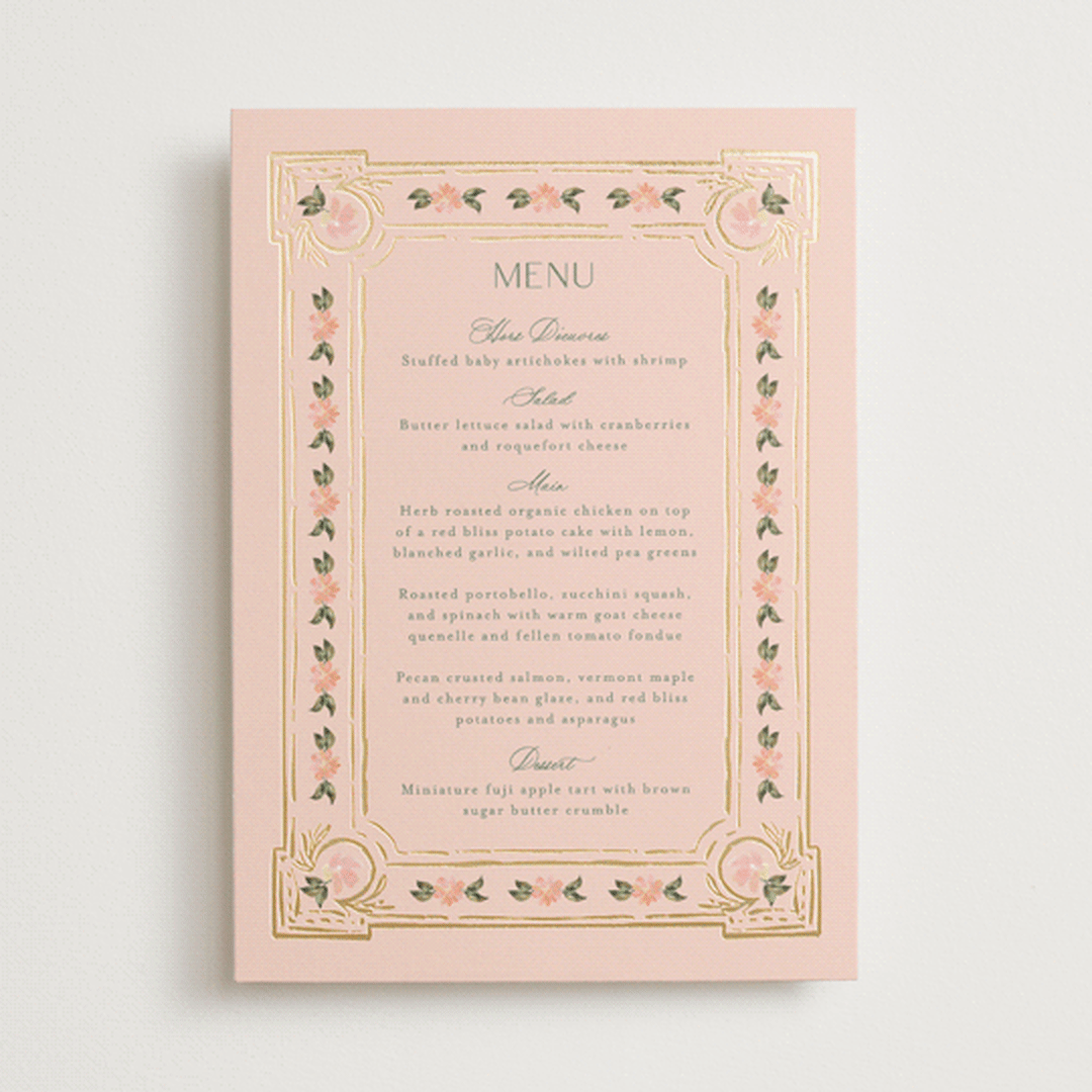 "Princess" - Foil-Pressed Menus in Pine by Claudia Orengo - Front