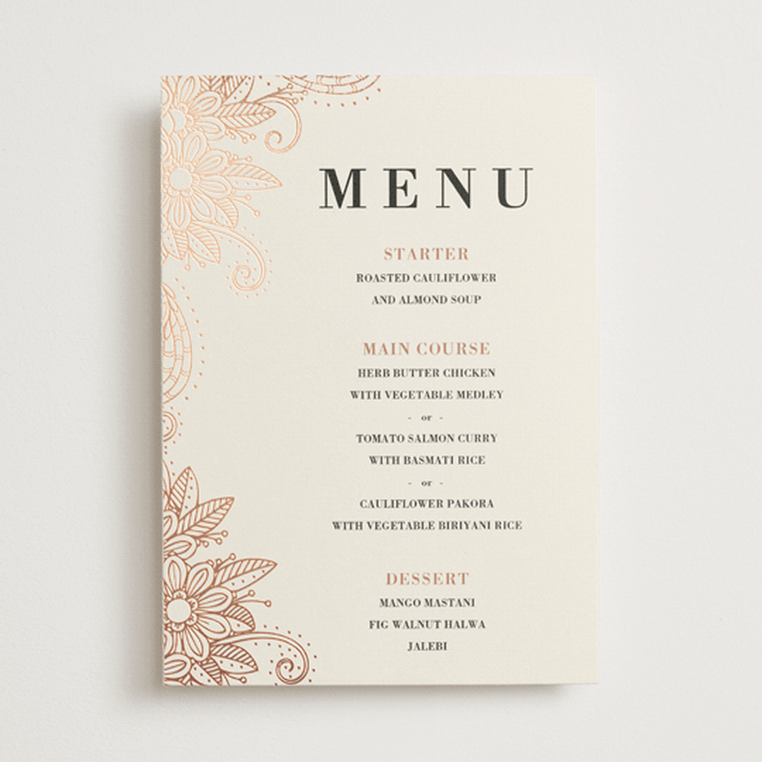 "Mandala Corners" - Foil-Pressed Menus in Peony by Oma N. Ramkhelawan - Front
