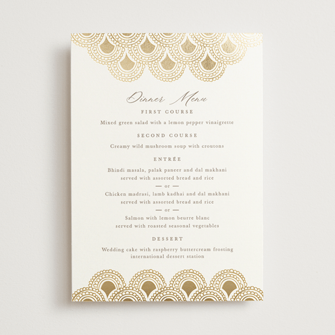 "Gilded Henna" - Foil-Pressed Menus in Lily by Mansi Verma - Front