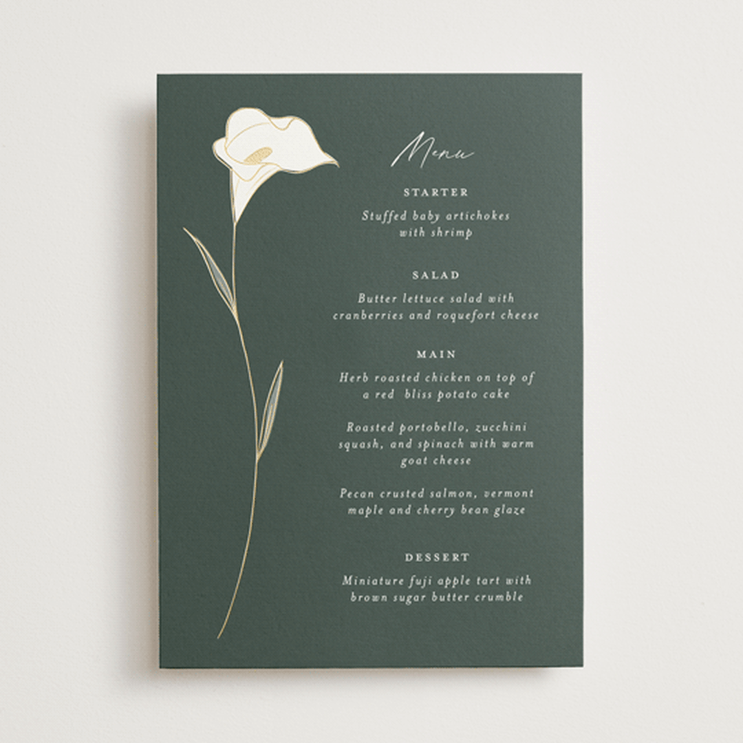 "Elegant Lillies" - Foil-Pressed Menus in Forest by Stacey Meacham - Front
