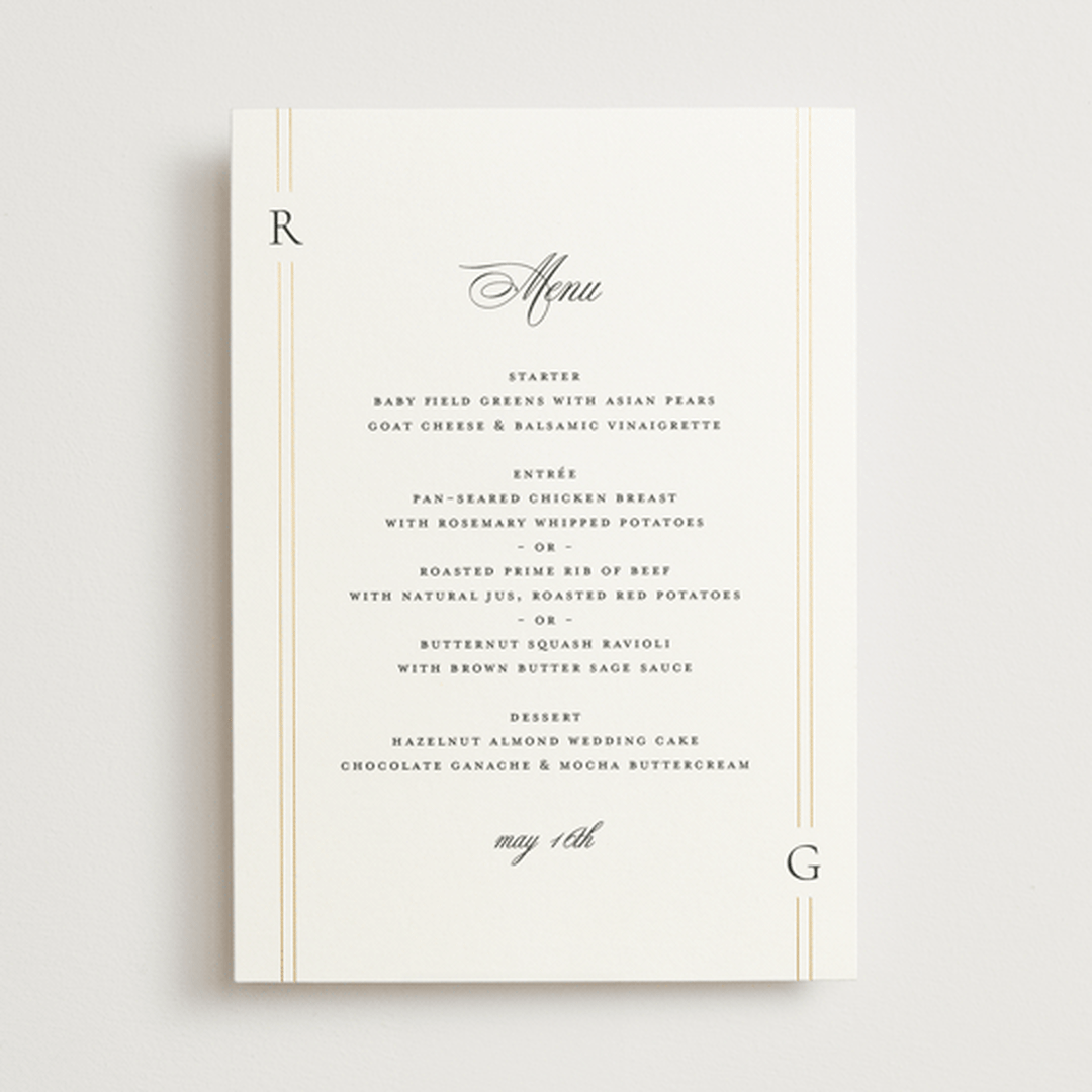 "Elencourt" - Foil-Pressed Menus in Quartz by Jelena Vuletic - Front