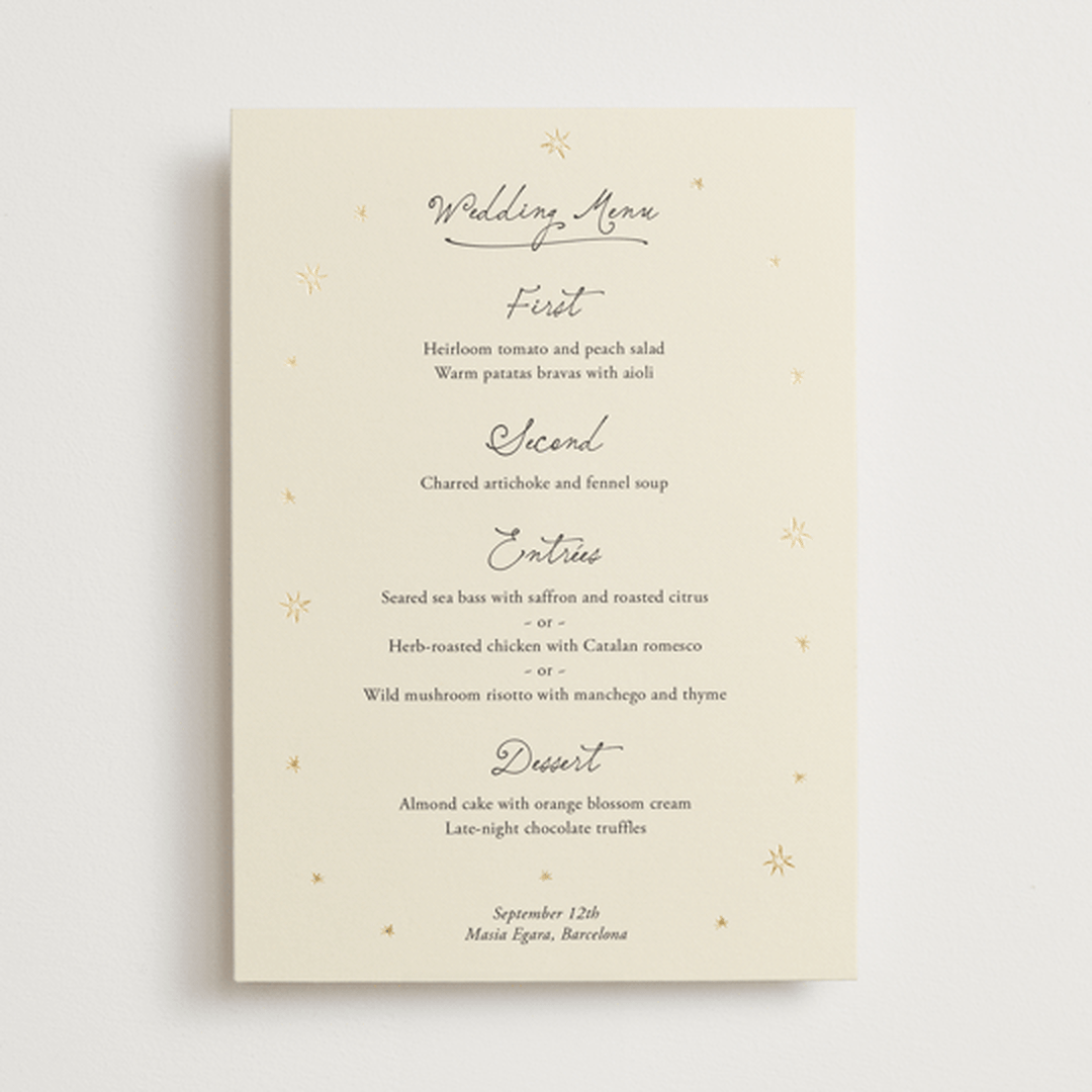"Written in the Stars" - Foil-Pressed Menus in Noir by Ani Somi - Front