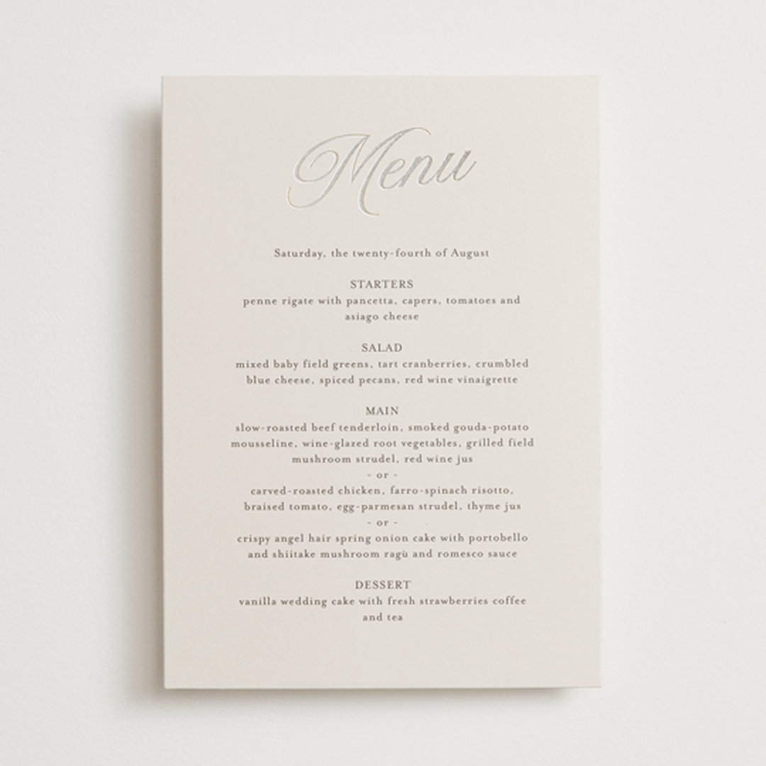 "Tux" - Foil-Pressed Menus in Antique by Nicole Walsh - Front