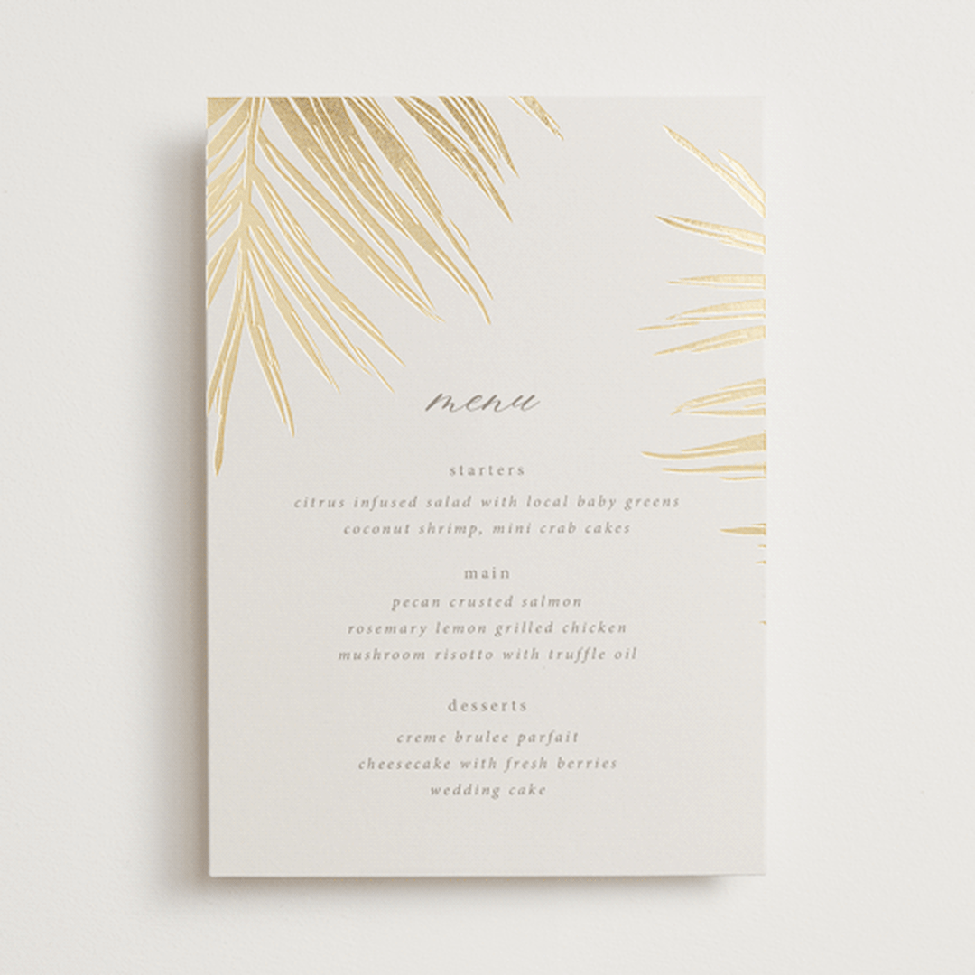 "Gilded Palm" - Foil-Pressed Menus in Sand by Melinda Denison - Front