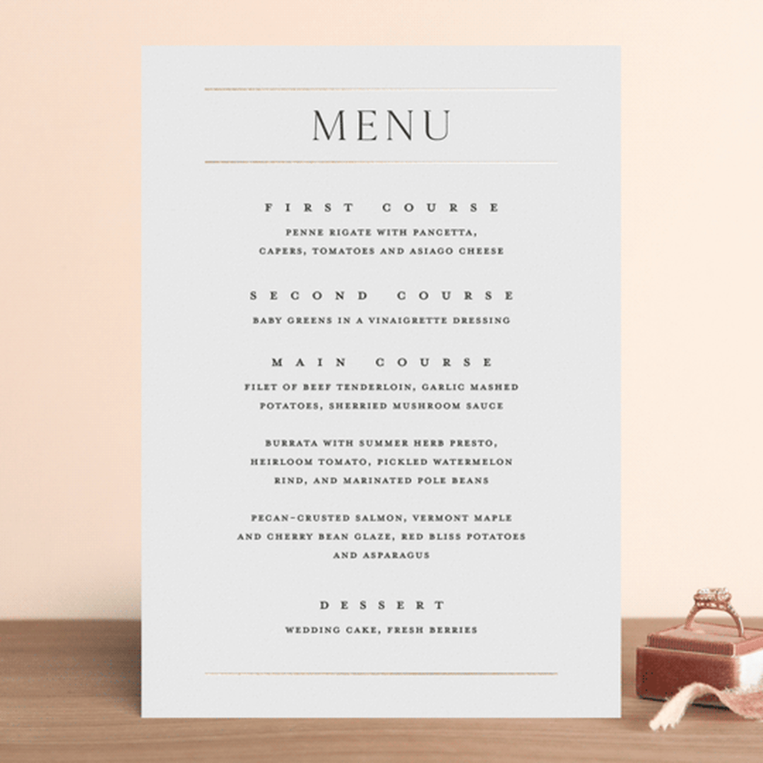 "Heard the news" - Foil-Pressed Menus in Cotton by Stacey Meacham - Front