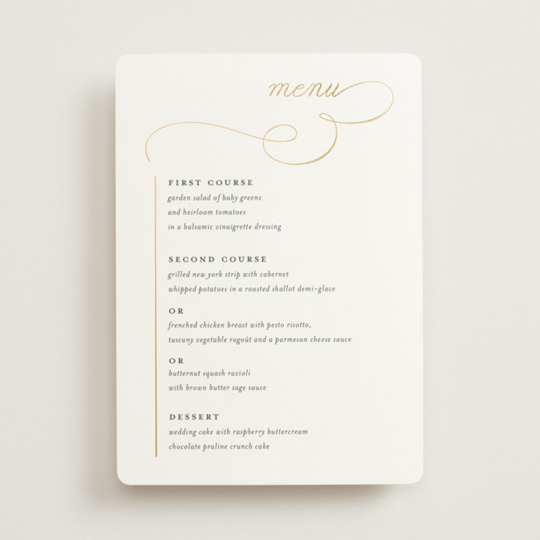 "Elegant Flourish" - Foil-Pressed Menus in Sugar by Jessica Williams - Front