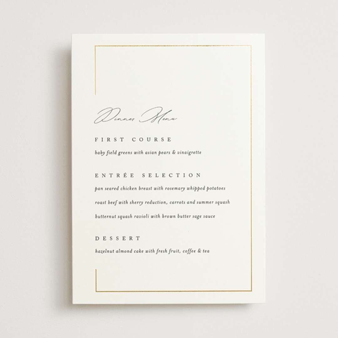 "Gilded Border" - Foil-Pressed Menus in Silk by Kelly Schmidt - Front