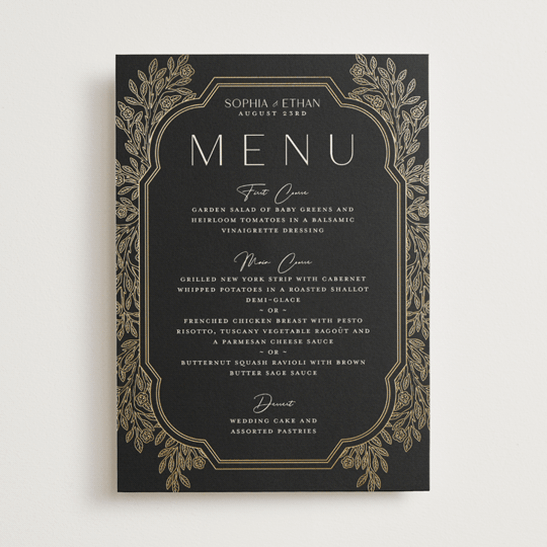 "Heirloom Branches" - Foil-Pressed Menus in Midnight by GeekInk Design - Front